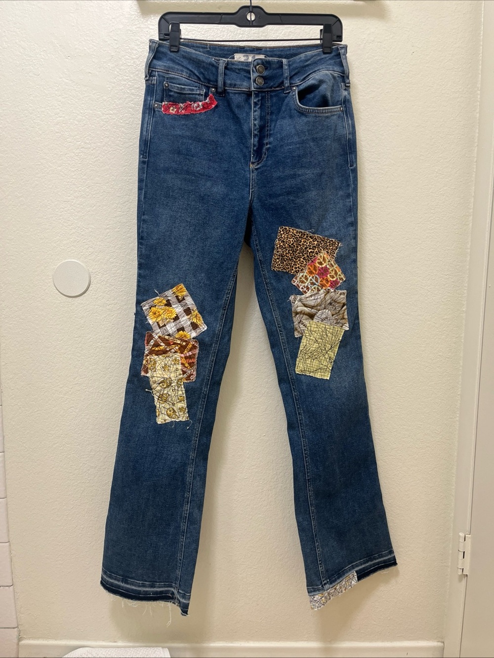 Upcycled We The Free Patchwork High Rise Flare Jeans Sz 31 Boho Festival Denim